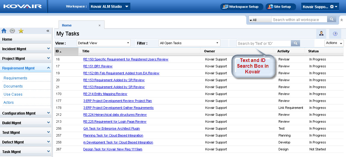 ID and Text Search Box in Kovair