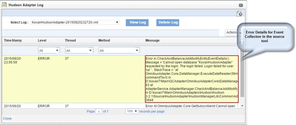 Error description from the Adapter Log