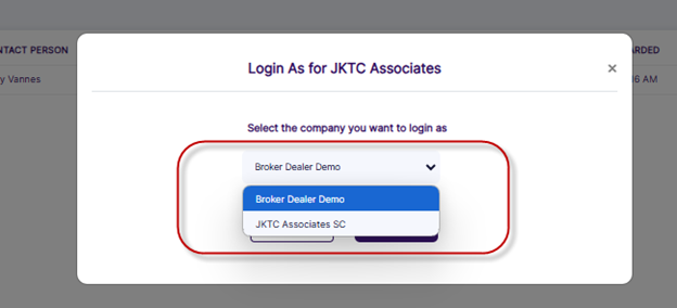 Selecting Company to login as