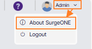 User menu expanded view showing the About SurgeONE menu option