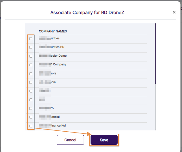 Associate Company modal view