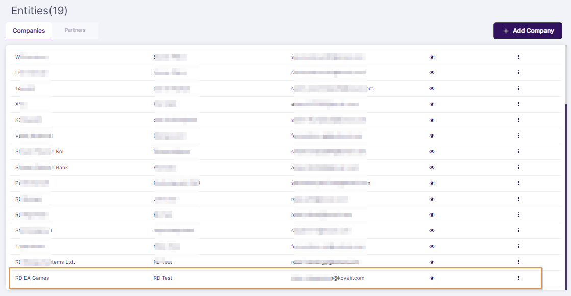 Created company visible in grid
