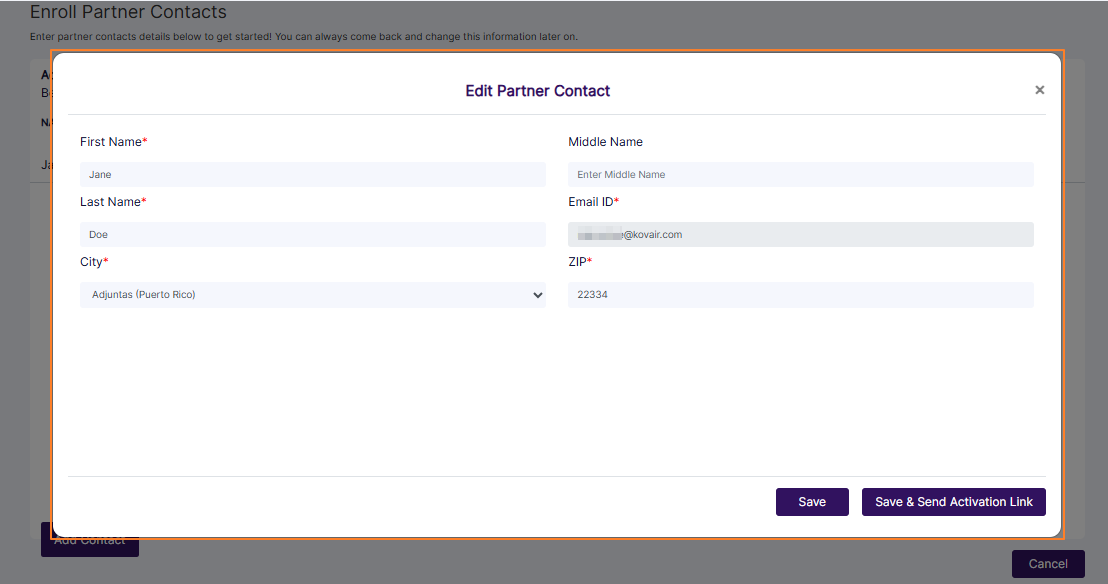 Edit Partner Contact modal view