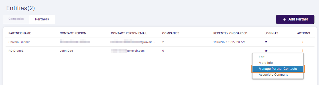 Manage Partner Contacts menu option