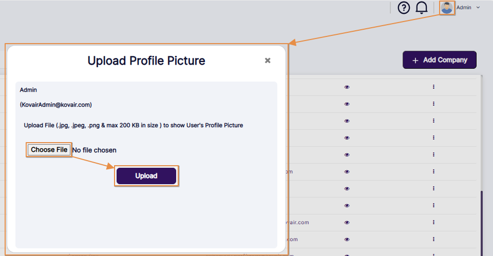 User profile picture upload modal window