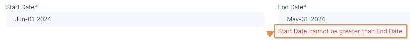Start Date cannot be greater than End Date validation tooltip