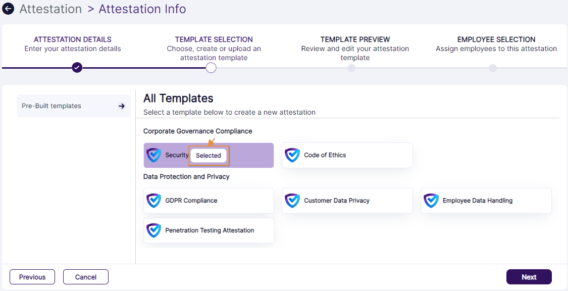 Selected label displayed over chosen attestation template