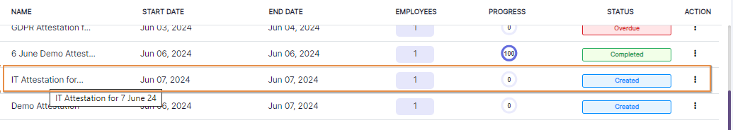 Attestation created and displayed on the Attestations grid view