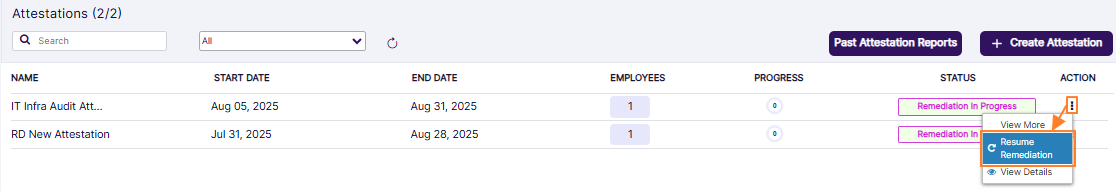 Expanded Resume Remediation context menu of the assigned employee for attestation remediation