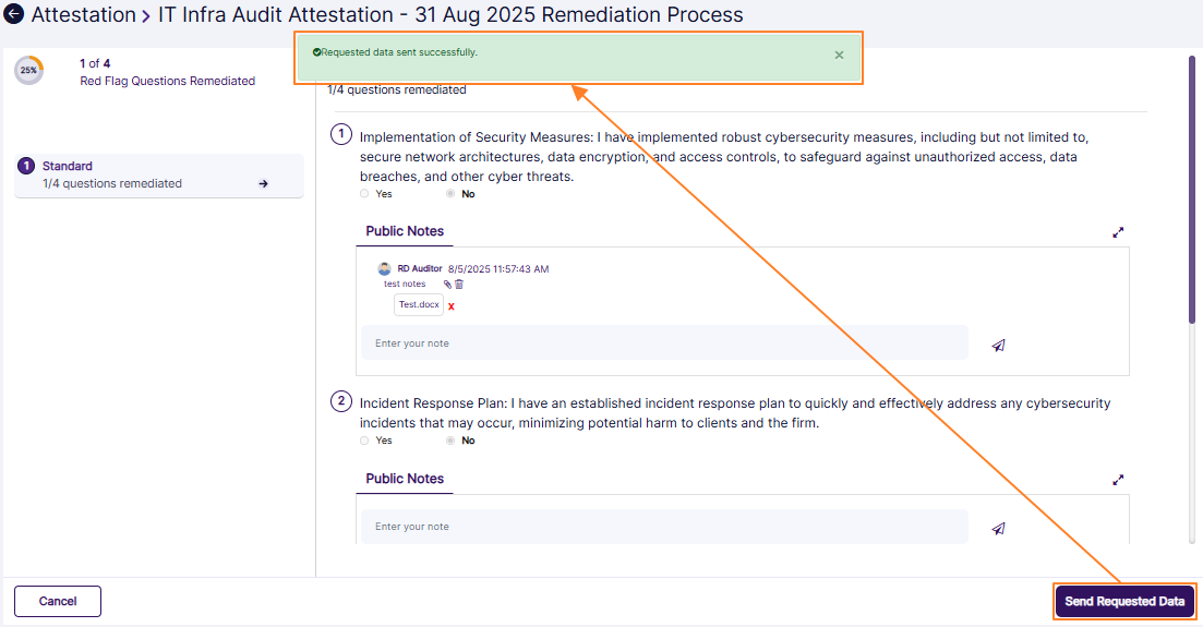 View of the success notification