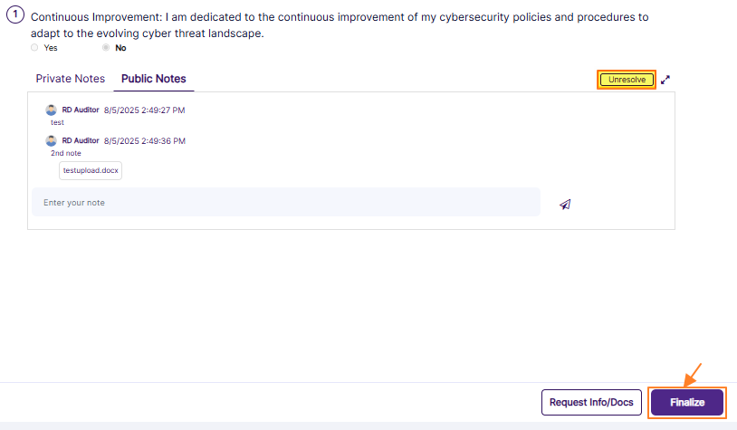Finalize button to complete the attestation