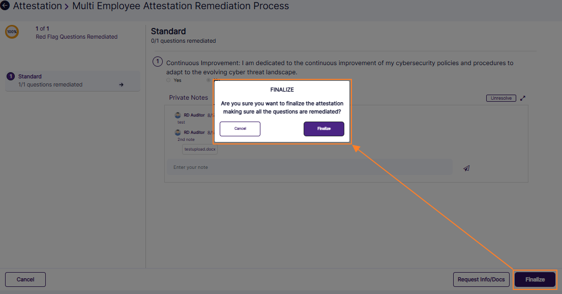 Clicking on Finalize button to complete the attestation loads the attestation finalization confirmation prompt