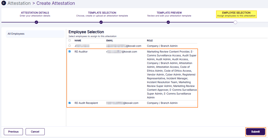 Selecting two employees to perform the attestation