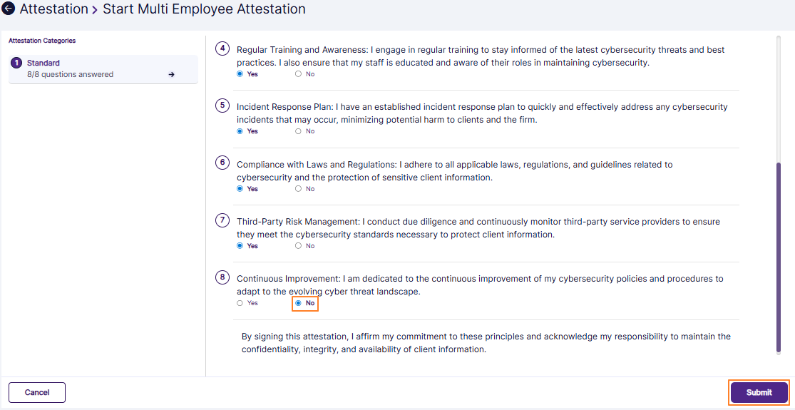 Submitting at least one negative response
