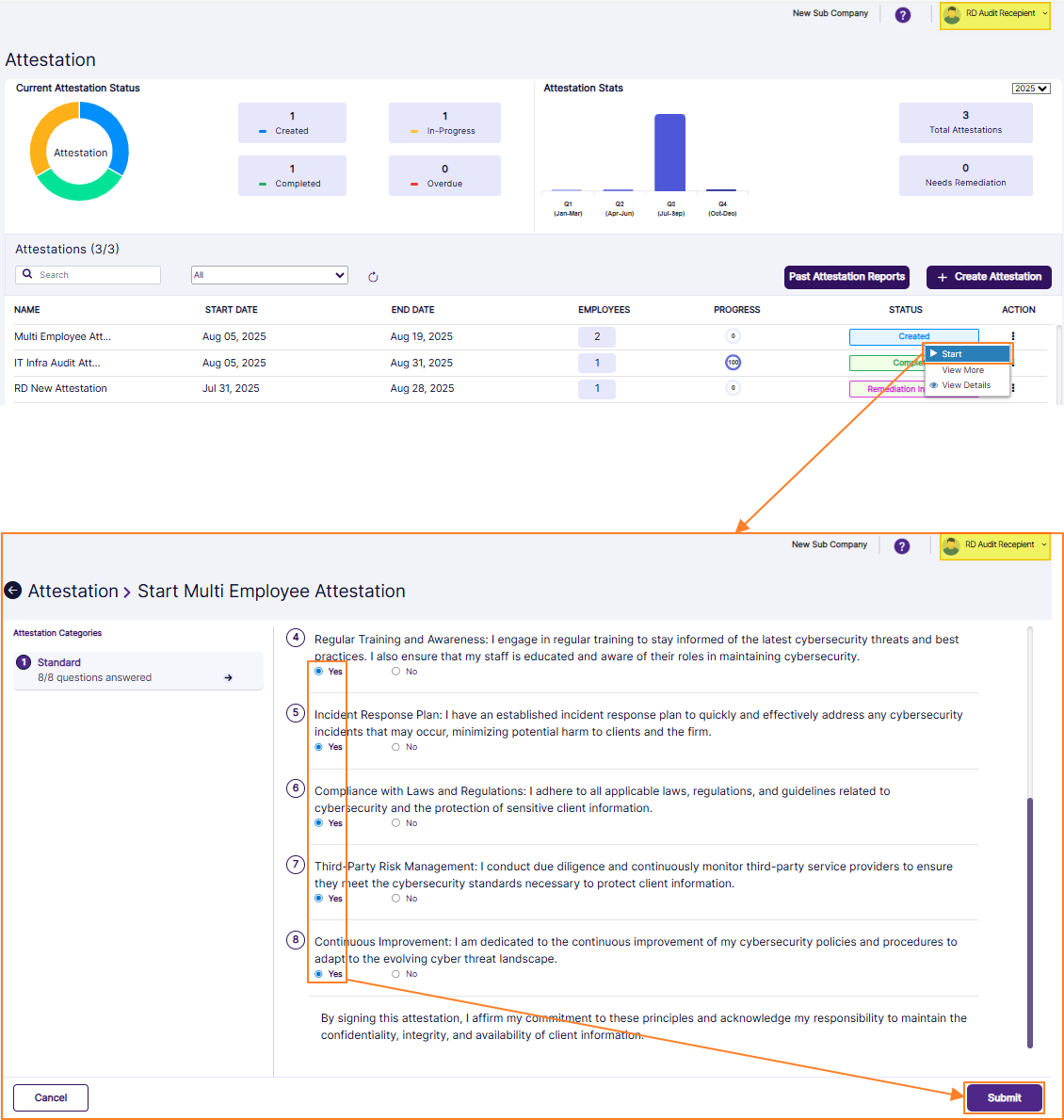Clicking on the expanded Start context menu and then submitting attestation after providing positive responses