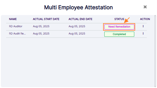 Attestation modal window with option to begin remediation