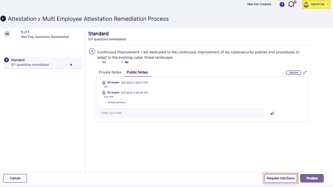 Request Info/Docs button visible only to the attestation creator