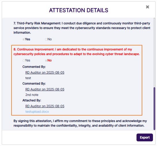 View of the color-coded red-flagged question and response, Note and Attachment title with hyperlink