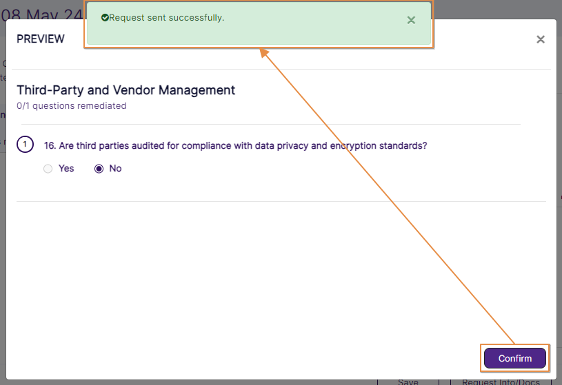 View of success notification of request sent