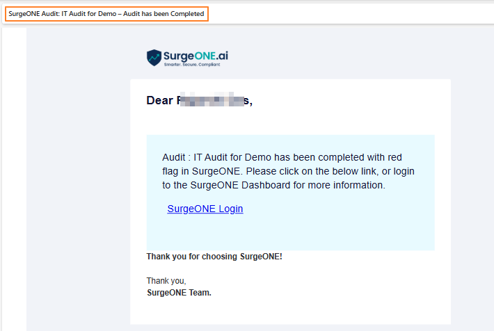 View of email regarding the audit completion