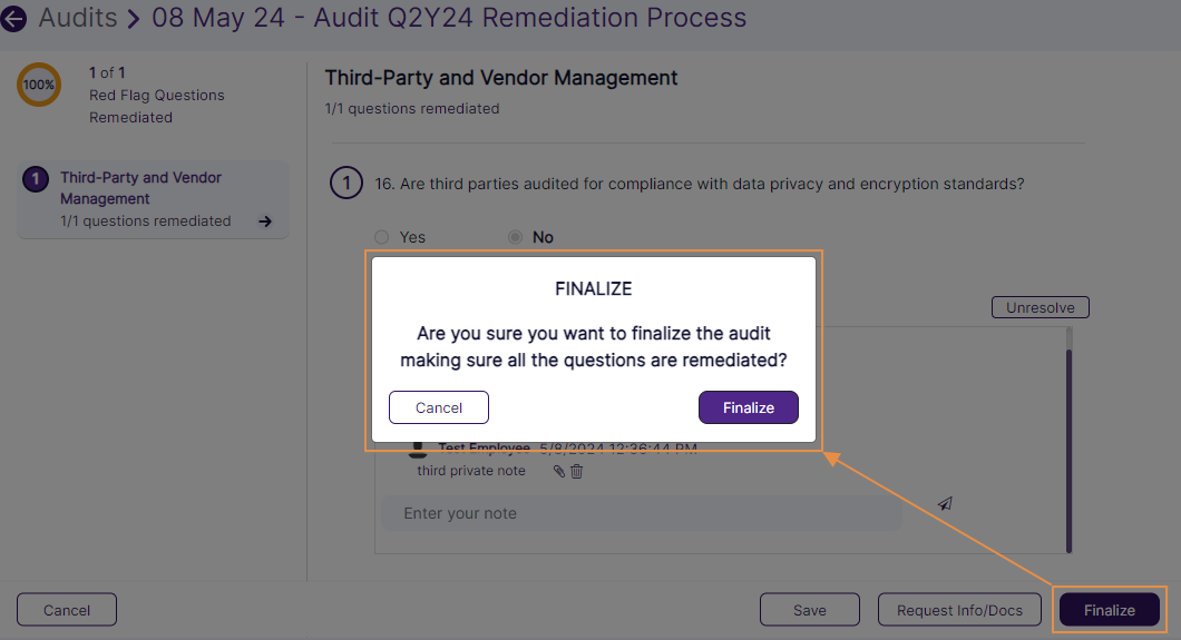 Finalization when no red flagged questions are left in the audit