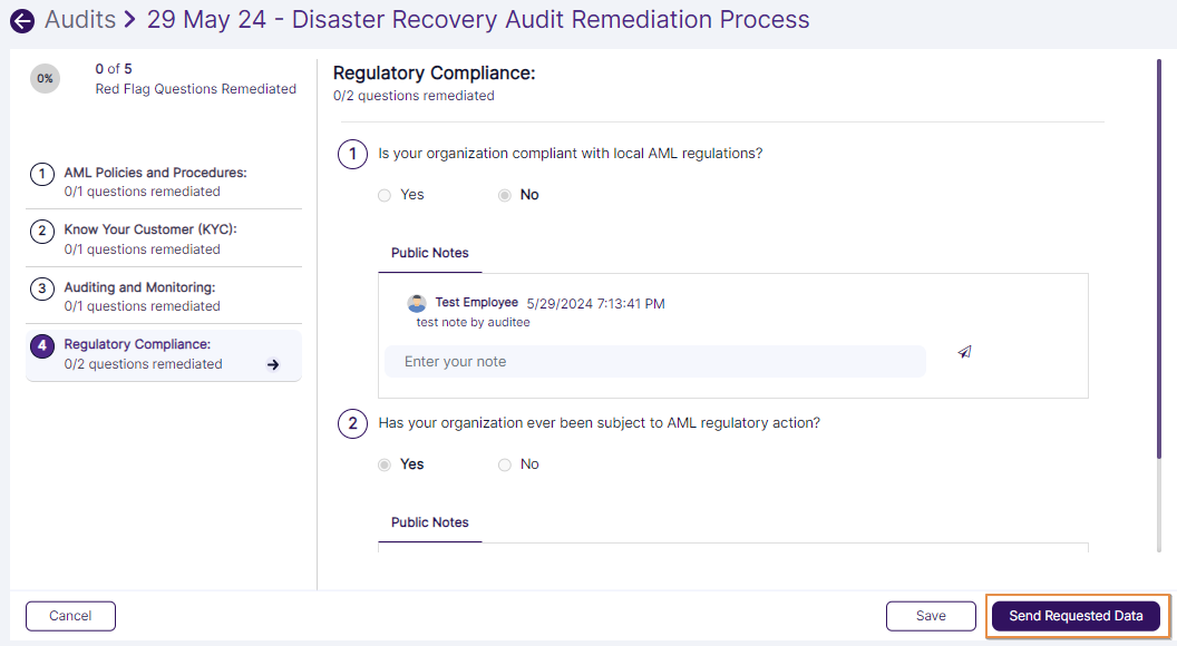 View of Send Requested Data button