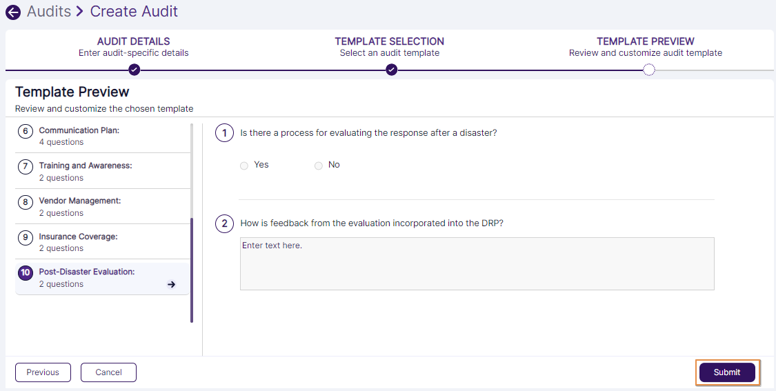 Submit button to create Audit