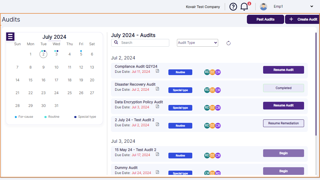 Audits page