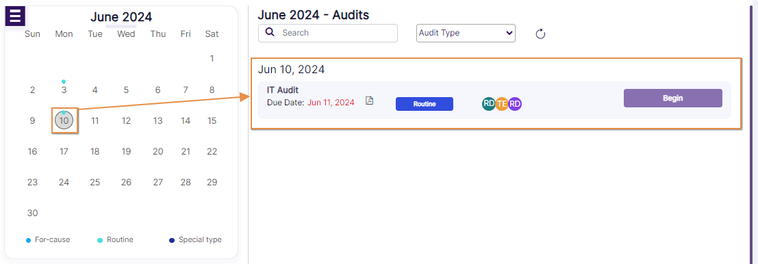 Date selection on calendar month loads Audits starting on that date