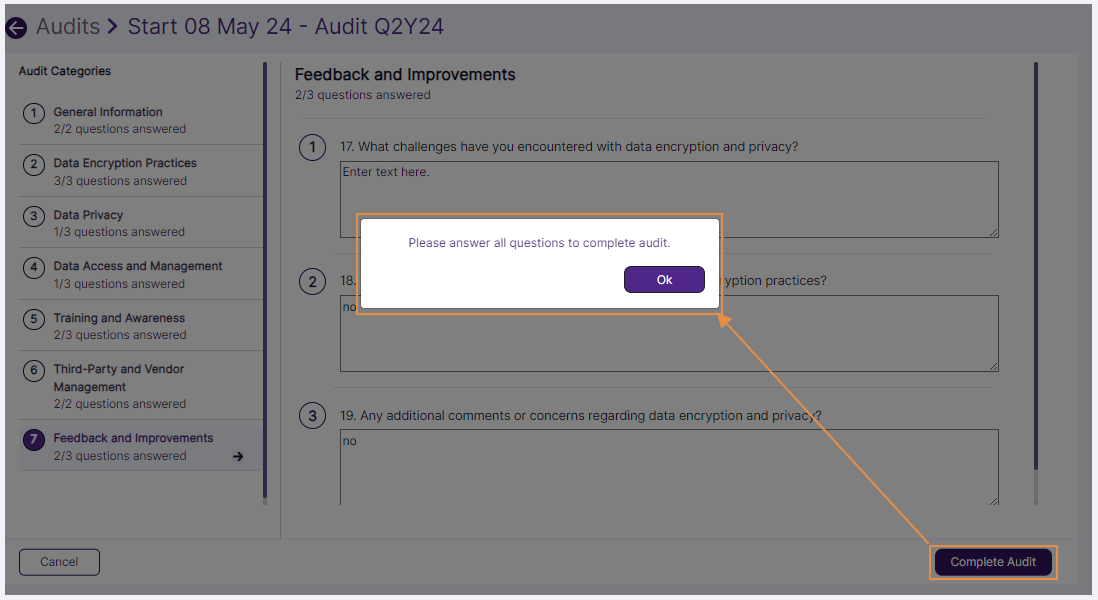 All questions are not responded dialog box
