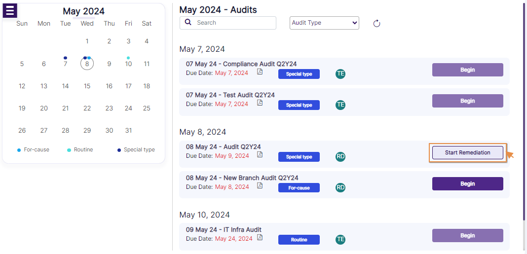 Audit action button label changed from Begin to Start Remediation
