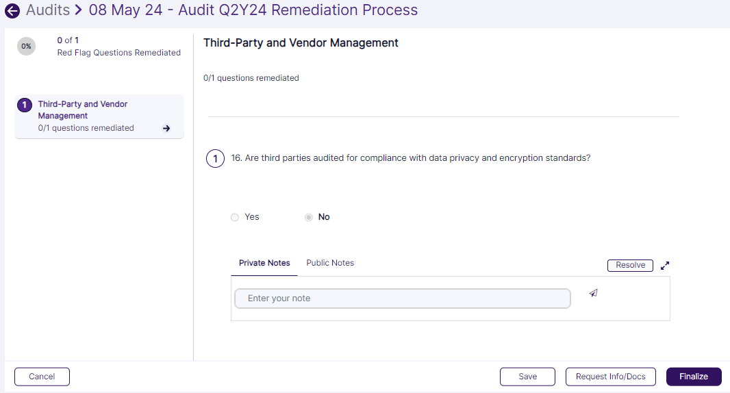 View of red flag question which is to be remediated