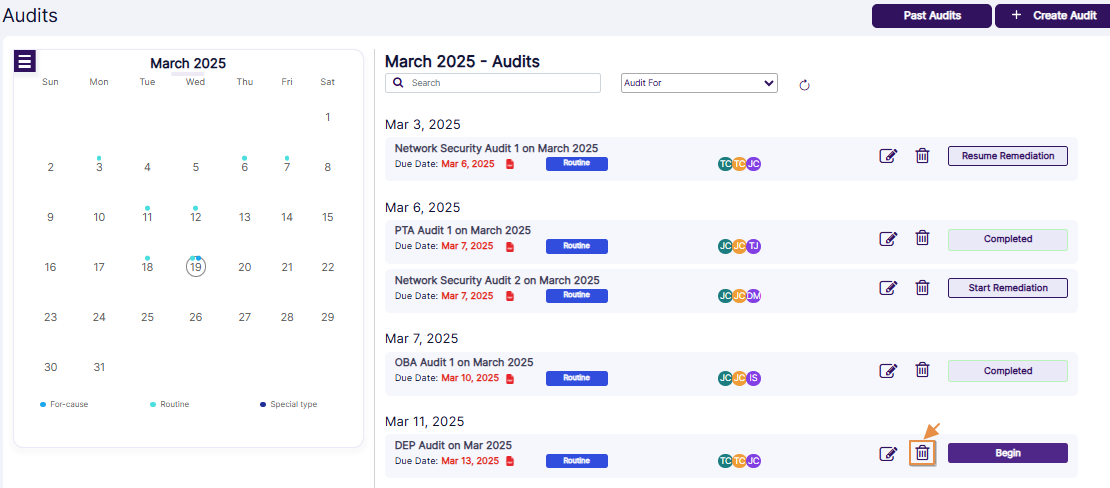 Option to delete an audit which is not started