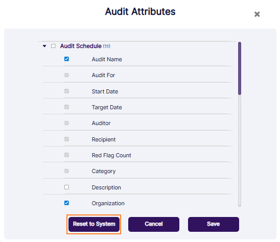 Button to reset columns display to default view
