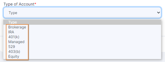 Type of Account dropdown