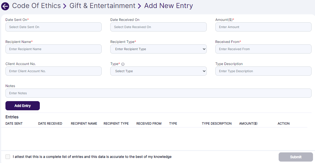 Gifts & Entertainment > Add New Entry