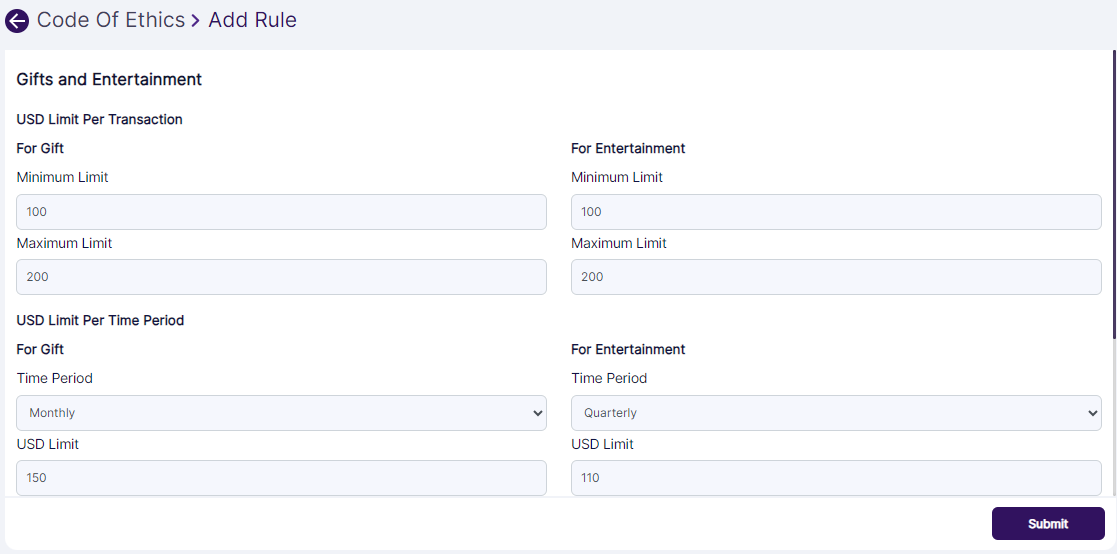 Added Gifts & Entertainment rules visible