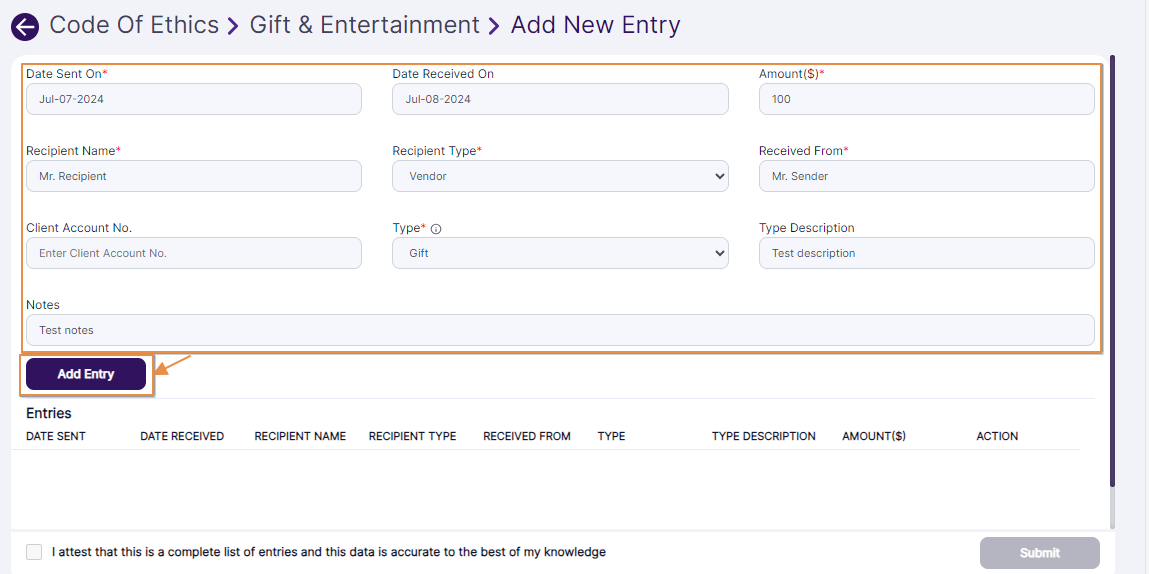 Add Entry button to add details