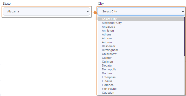 City dropdown