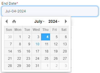 End Date calendar selection