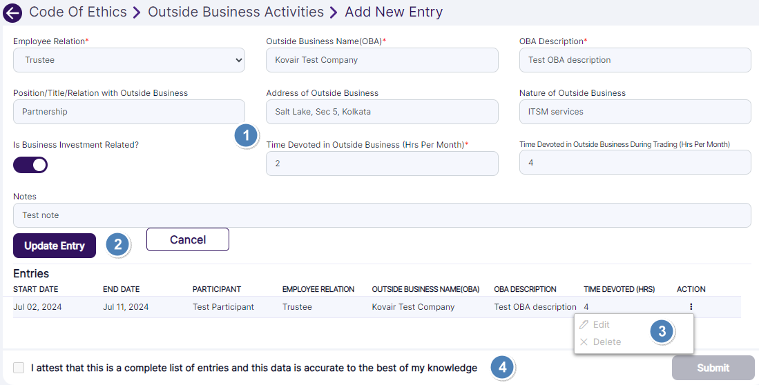 Various UI aspects while editing an entry