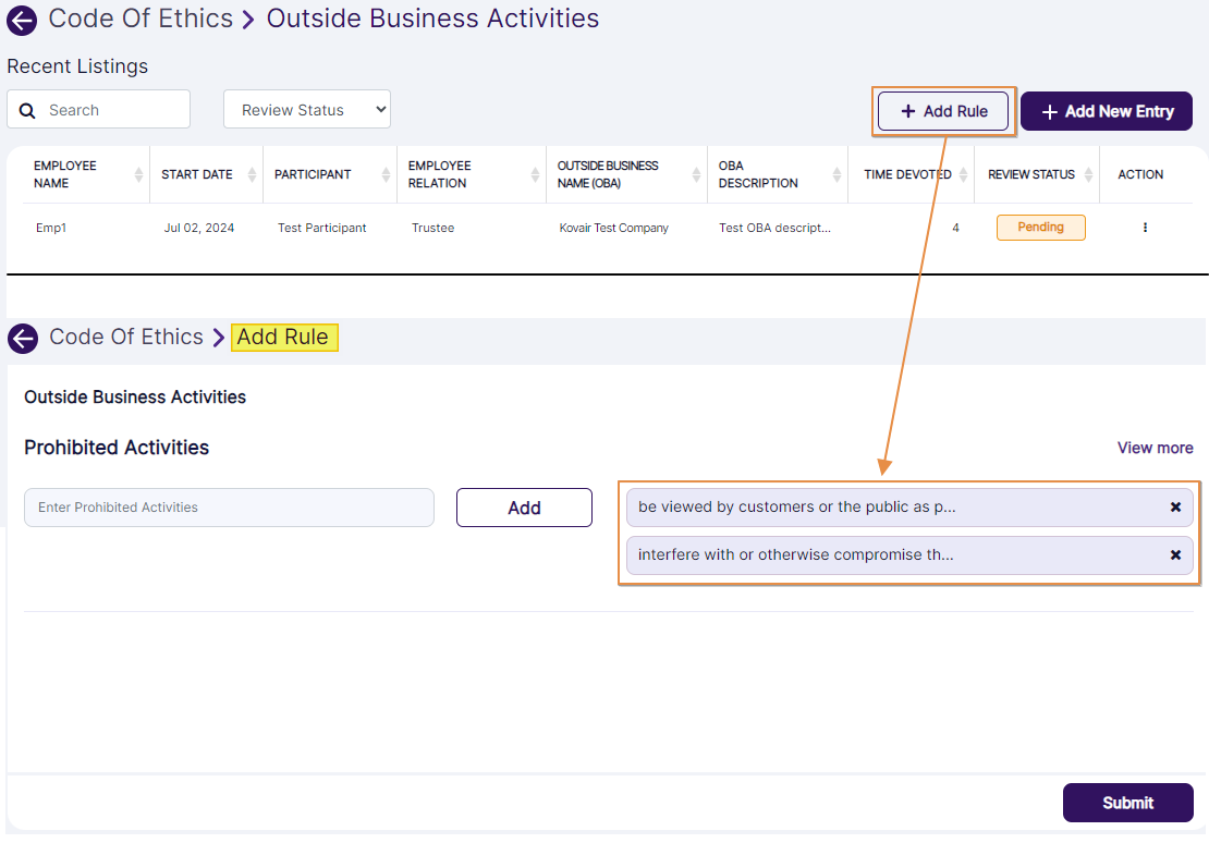 Added Outside Business Activities rules visible