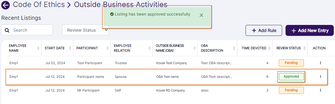 Approved success notification