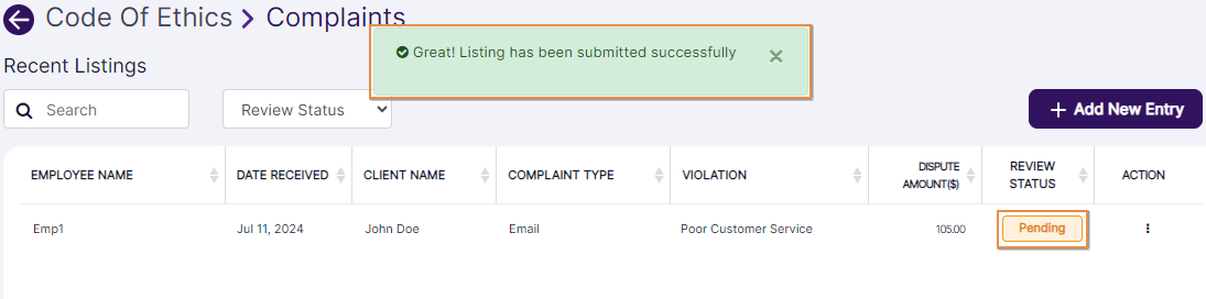 View of new entry added to recent listings and success notification