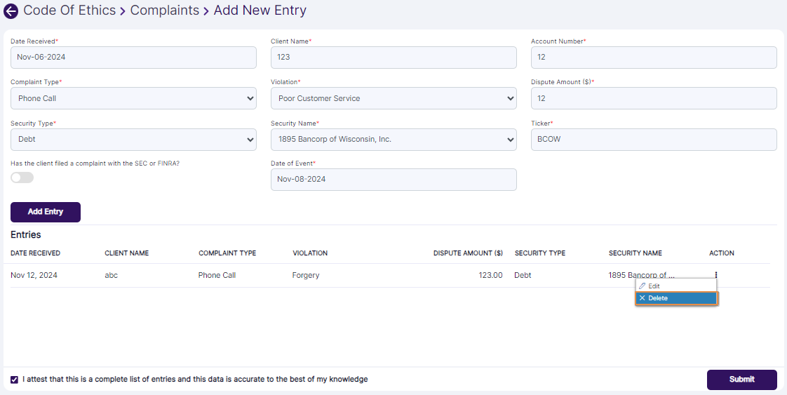 Delete context menu option