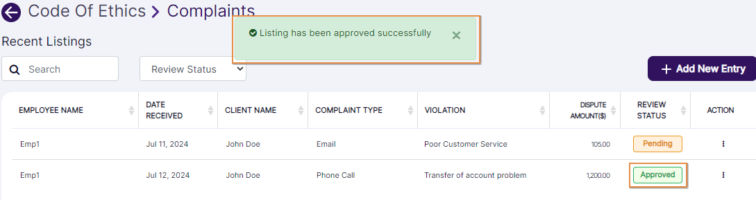 Approved success notification