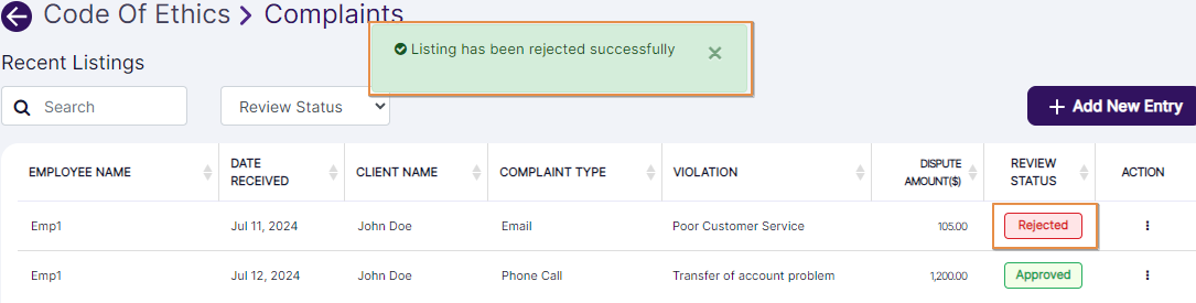 Rejected success notification
