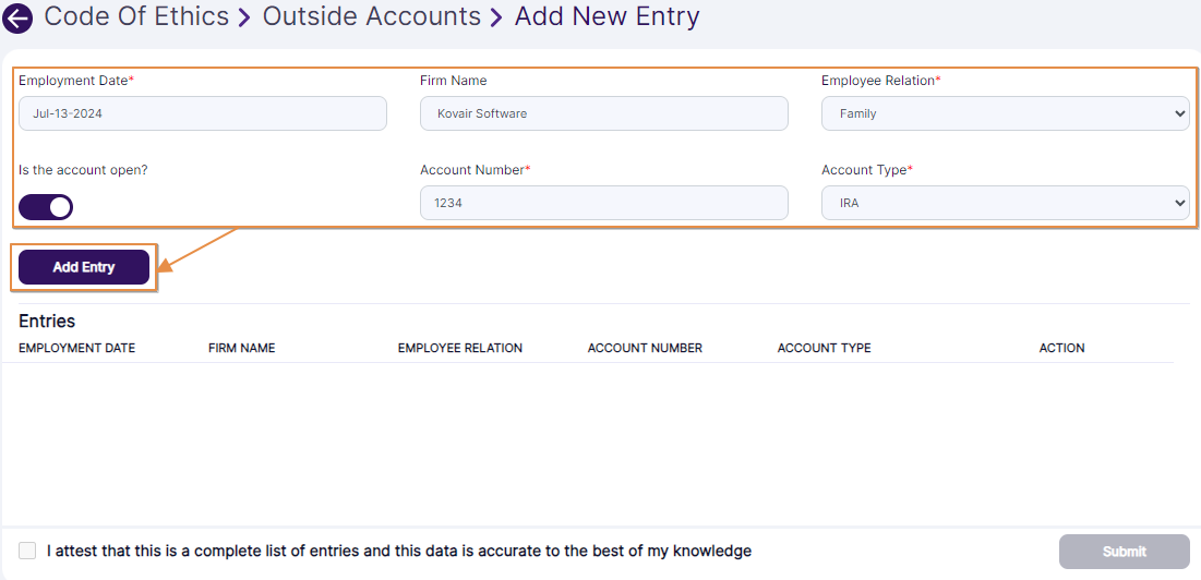 Add Entry button to add details