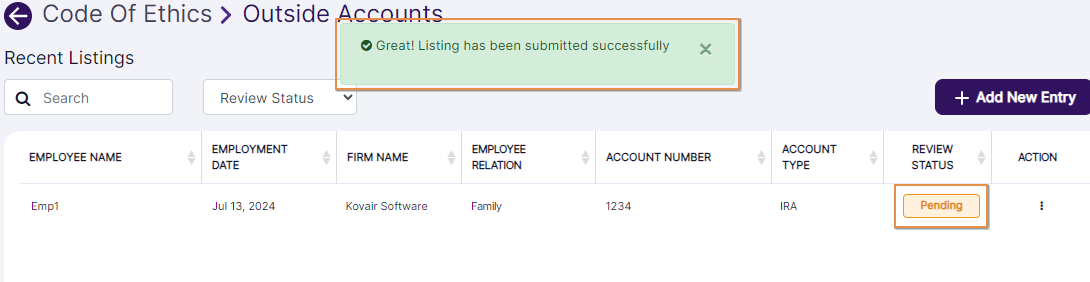 View of new entry added to recent listings and success notification