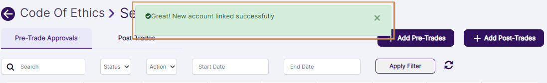 New pre-trade entry added in the grid view along with success notification